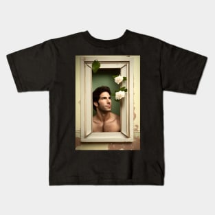 Solitude and Melancholy: Portrait of an Enigmatic Man Framed by White Roses Kids T-Shirt